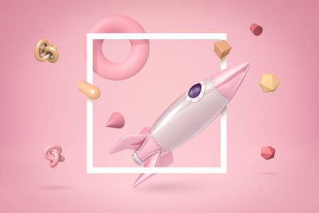 3d rendering of silvery and light pink space rocket floating through white frame on light pink background, with lots of geometric shapes flying around.の写真素材