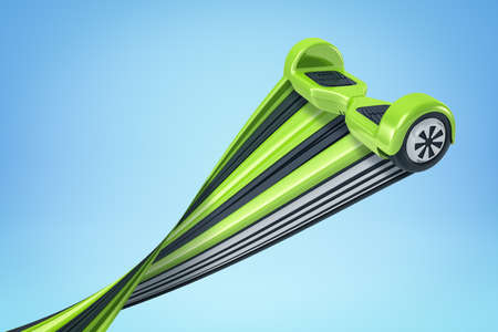 3d rendering of green hoverboard with trail on blue backgroundの写真素材