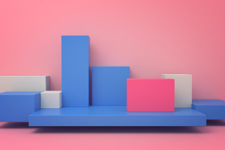 A conceptual representation of a multi-tiered colorful geometric shapes on a stage-like structure with pastel backgroundの写真素材