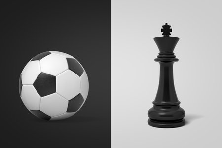 Soccer ball and chess king on a split backgroundの写真素材