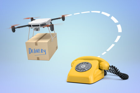 Quadcopter drone delivering a package to phoneの写真素材