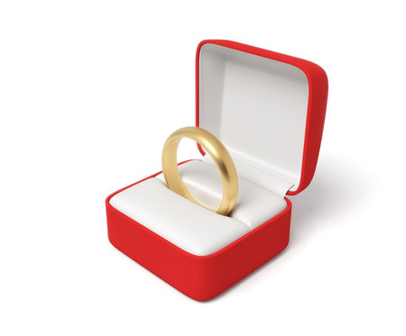 3d rendering of engagement ring in red box isolated on white backgroundの写真素材