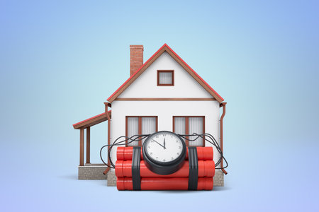 Time bomb attached to house symbolizes riskの写真素材