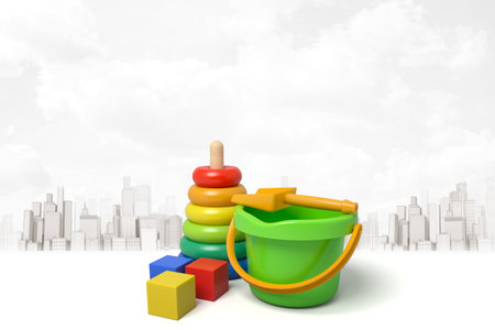 Toys and Sketched Cityscape Backgroundの写真素材