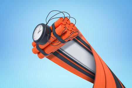 3d rendering of dynamite bundle with time bomb flying up in air