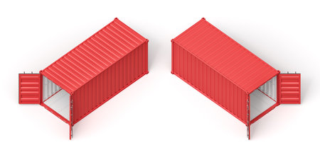 Red cargo containers with open doors on whiteの写真素材