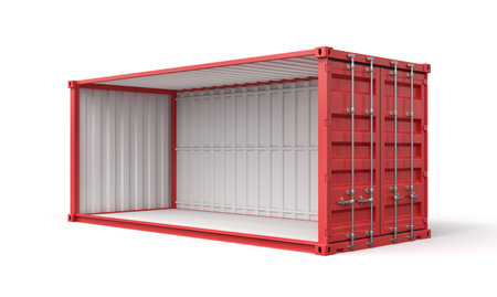 3d rendering of open empty red shipping container side view isolated on white backgroundの写真素材
