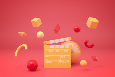 3D floating objects and clapperboard on redの写真素材