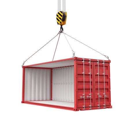 3d rendering of crane lifting empty red shipping container isolated on white backgroundの写真素材