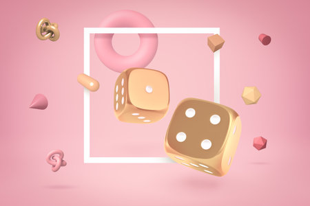 3d close-up rendering of two glossy gold orange dice with white frameの写真素材