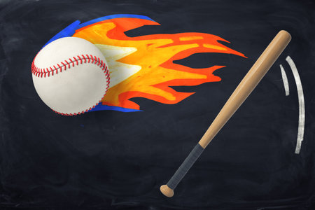Baseball on fire and bat on chalkboard