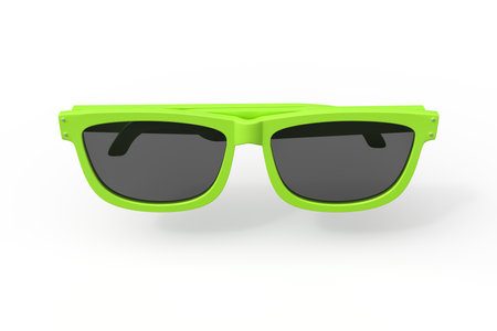 Frontal view of vibrant green sunglasses floatingの写真素材