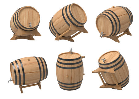 Variety of wooden barrels on white backgroundの写真素材