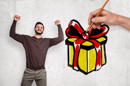 Joyous man with hand-drawn gift illustrationの写真素材
