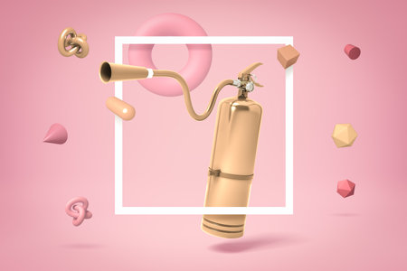 3d rendering of golden foam portable fire extinguisher with random objects on pink backgroundの写真素材