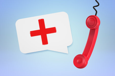 Red phone receiver with plus sign in speech bubbleの写真素材