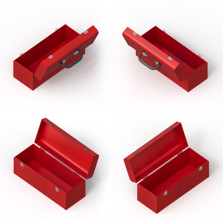 Red toolbox open empty on white backgroundの写真素材