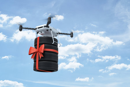 3d rendering of white drone carrying four black vehicle tires with red ribbon on blue sky backgroundの写真素材