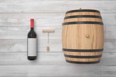Single wine bottle with oak barrelの写真素材