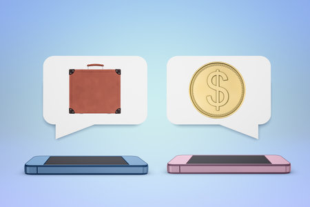 Smartphones with a suitcase and dollar coin emojisの写真素材