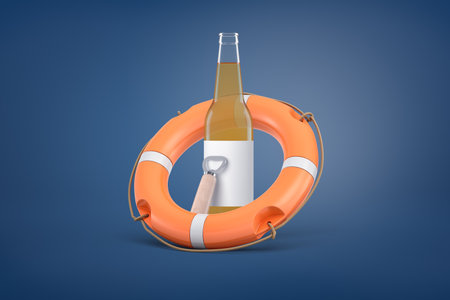 Beer bottle in orange lifebuoy on blueの写真素材