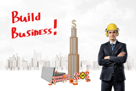 Man in front of Build Business sketchの写真素材