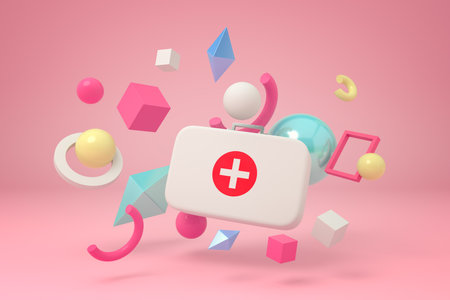 Surreal first aid kit floating with shapesの写真素材