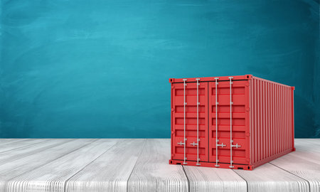3d rendering of closed red shipping container on white wooden floor and dark turquoise backgroundの写真素材