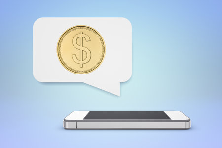 Dollar coin in speech bubble above smartphoneの写真素材