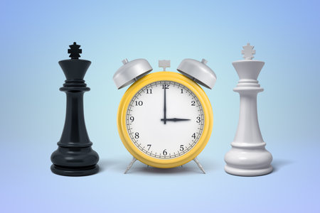 Alarm clock flanked by chess pieces on blue backdrop
