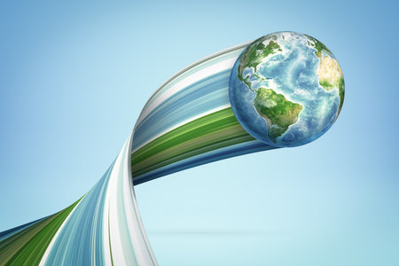 3d rendering of earth sphere with trail on blue backgroundの写真素材