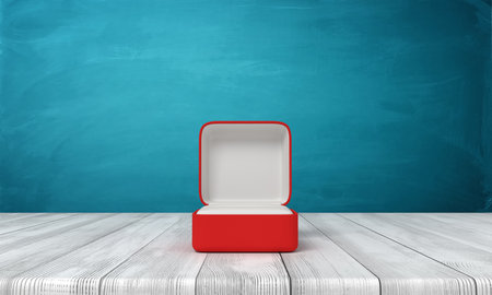 3d rendering of open red ring box on wooden table near blue wall.の写真素材