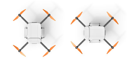 3d rendering of top view of quadcopter isolated on white backgroundの写真素材