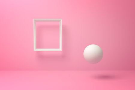 Floating sphere and frame on pink backgroundの写真素材