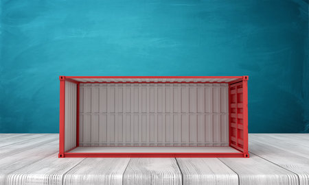 3d rendering of empty red shipping container side view on white wooden floor and dark turquoise backgroundの写真素材