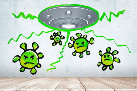 3d rendering of silvery UFO radiating green rays and green ugly viruses around.の写真素材