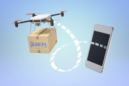 Smartphone linked to drone delivery conceptの写真素材
