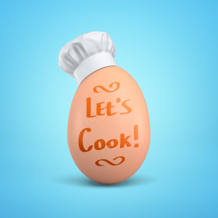 Chefs hat on egg with the phrase Lets Cookの写真素材