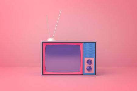 Vintage television with antenna on pink hueの写真素材