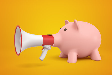 3d rendering of pink piggy bank with big megaphone instead of snout on amber background.の写真素材
