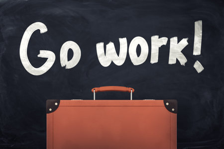 Briefcase illustration on blackboard, Go workの写真素材