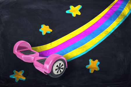 Pink hoverboard with rainbow trail and stars