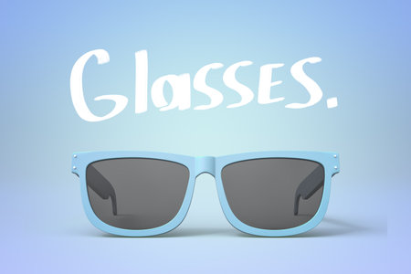 Blue sunglasses with Glasses text aboveの写真素材