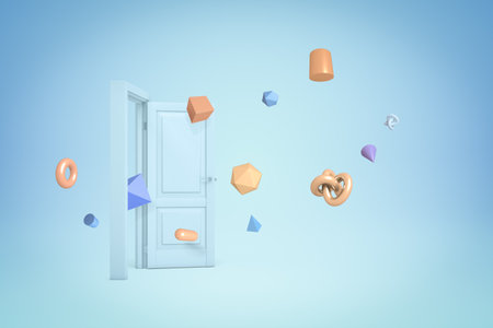 Open door with floating geometric shapesの写真素材