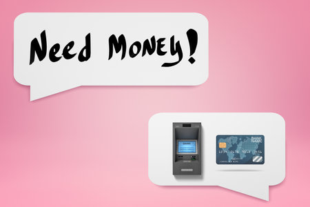 ATM machine and credit card in speech bubblesの写真素材