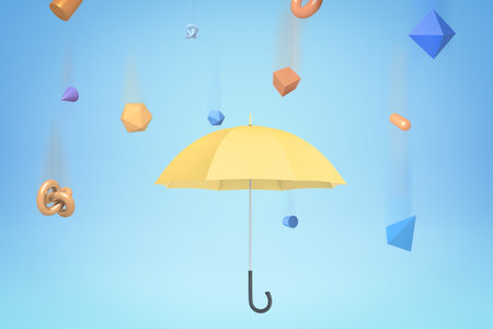 3d rendering of yellow umbrella under the rain of different geometric objects on light blue background.の写真素材