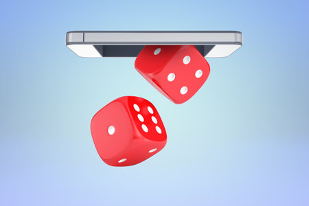 Rolling dices dropping from virtual shelfの写真素材