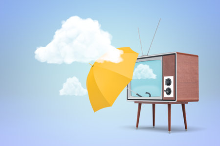 Whimsical TV with Umbrella and Cloudの写真素材