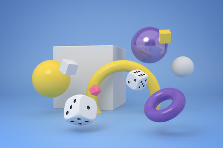 Abstract 3D shapes and dice in dynamic compositionの写真素材