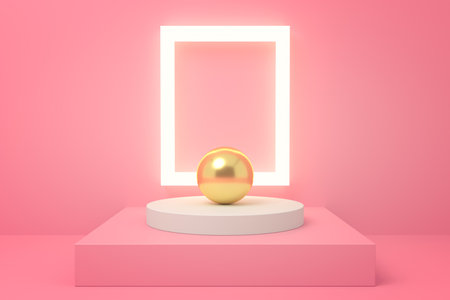 Pink glowing square frame with a golden orbの写真素材
